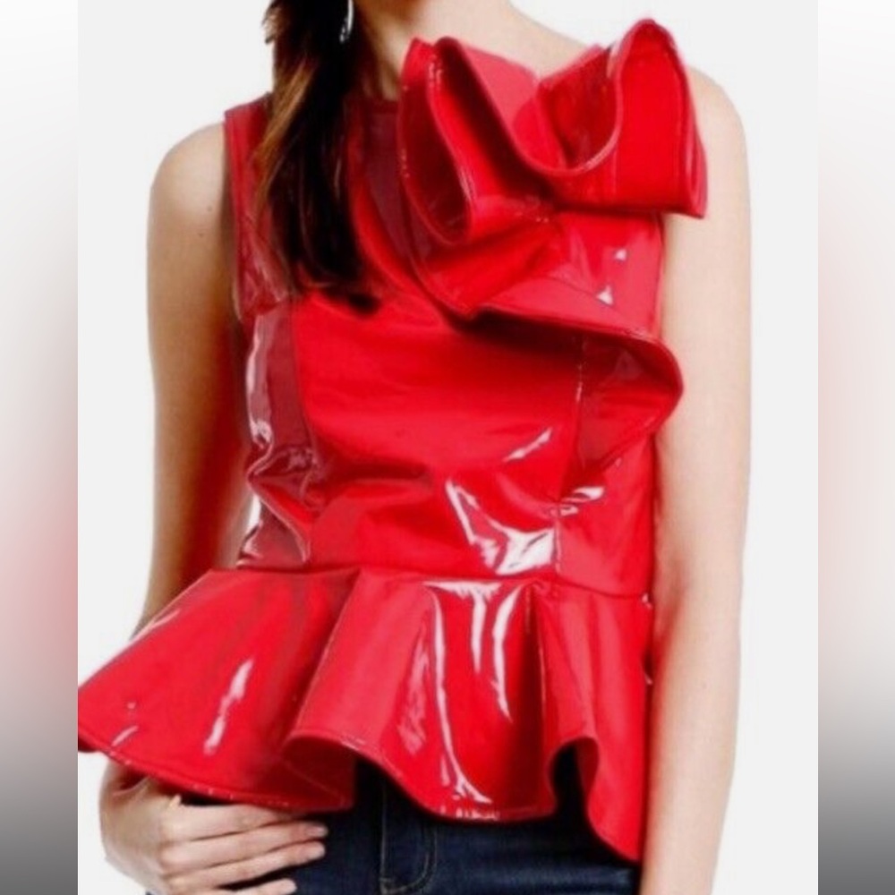 NWT GRACIA FAUX LEATHER RED PEPLUM SLEEVELESS TOP LARGE